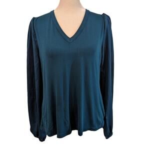 Ryegrass Blue V-Neck Pleated Puff Sleeve Romantic Blouse Large